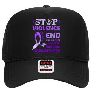 Family Domestic Violence Awareness Purple Ribbon High Crown Mesh Back Trucker Hat