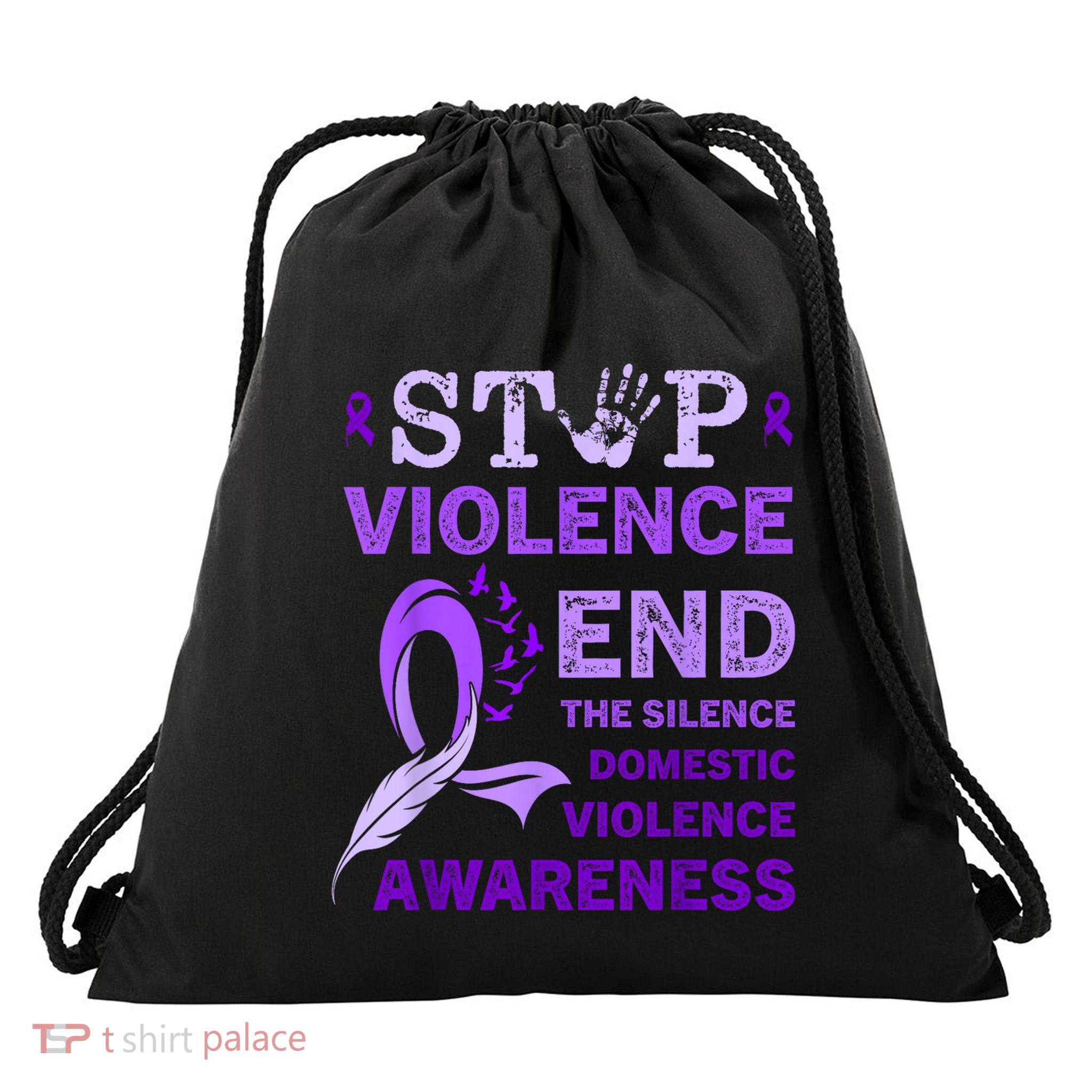 Family Domestic Violence Awareness Purple Ribbon Drawstring Bag