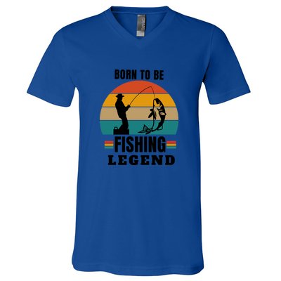 Father's Day Vinatge Born To Be A Fishing Legend Gift V-Neck T-Shirt