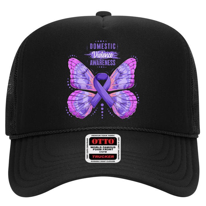 Family Domestic Violence Awareness Purple Ribbon Butterfly High Crown Mesh Back Trucker Hat