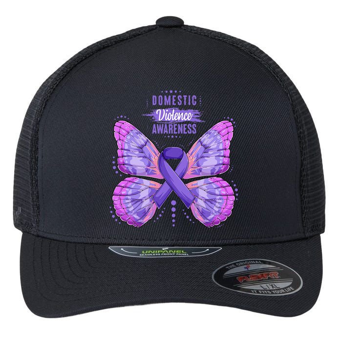 Family Domestic Violence Awareness Purple Ribbon Butterfly Flexfit Unipanel Trucker Cap