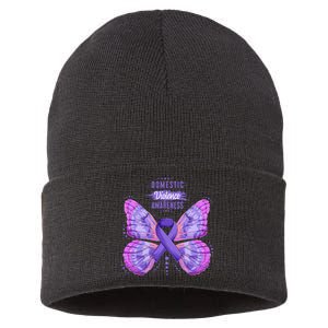 Family Domestic Violence Awareness Purple Ribbon Butterfly Sustainable Knit Beanie