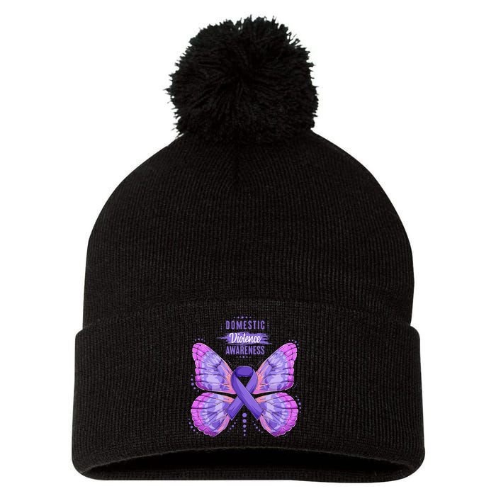 Family Domestic Violence Awareness Purple Ribbon Butterfly Pom Pom 12in Knit Beanie