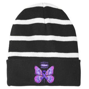 Family Domestic Violence Awareness Purple Ribbon Butterfly Striped Beanie with Solid Band