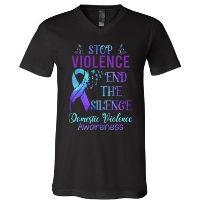 Family Domestic Violence Awareness Purple Ribbon V-Neck T-Shirt