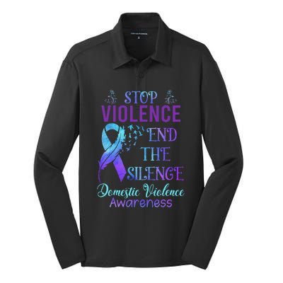 Family Domestic Violence Awareness Purple Ribbon Silk Touch Performance Long Sleeve Polo