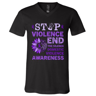 Family Domestic Violence Awareness Purple Ribbon   V-Neck T-Shirt