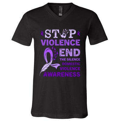 Family Domestic Violence Awareness Purple Ribbon V-Neck T-Shirt