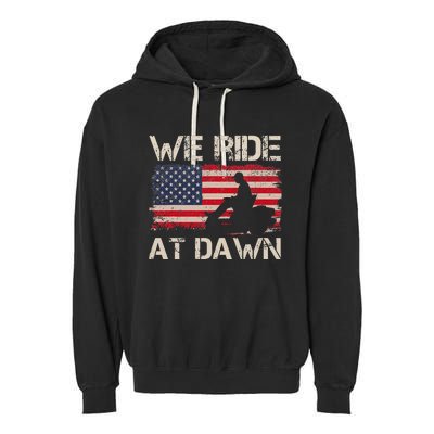 Father's Day We Ride At Dawn Lawnmower USA Flag Mowing Garment-Dyed Fleece Hoodie