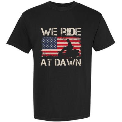 Father's Day We Ride At Dawn Lawnmower USA Flag Mowing Garment-Dyed Heavyweight T-Shirt