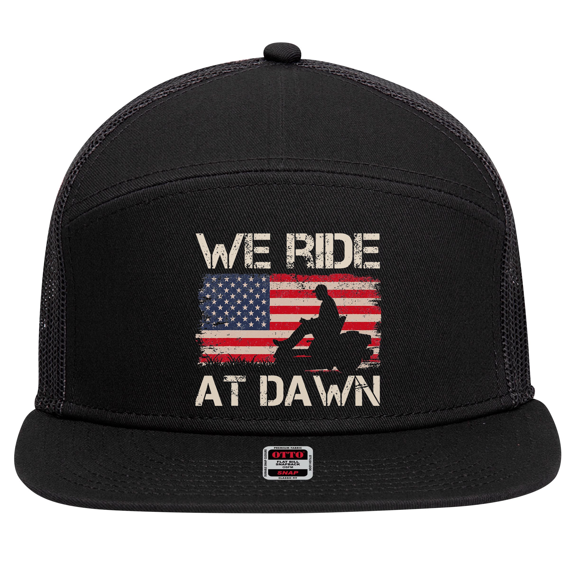 Father's Day We Ride At Dawn Lawnmower USA Flag Mowing 7 Panel Mesh Trucker Snapback Hat