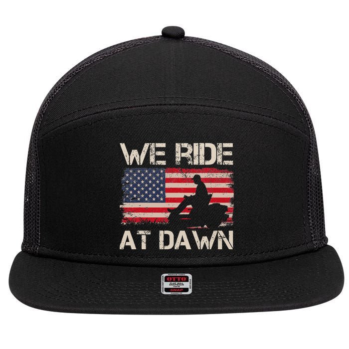 Father's Day We Ride At Dawn Lawnmower USA Flag Mowing 7 Panel Mesh Trucker Snapback Hat