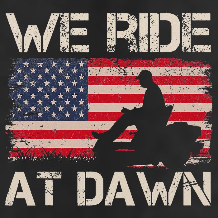 Father's Day We Ride At Dawn Lawnmower USA Flag Mowing 7 Panel Mesh Trucker Snapback Hat