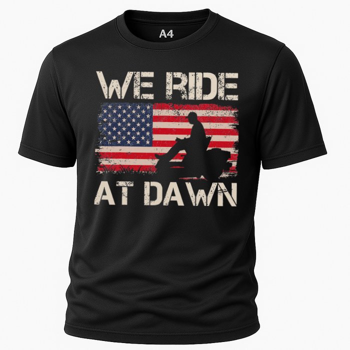 Father's Day We Ride At Dawn Lawnmower USA Flag Mowing Cooling Performance Crew T-Shirt