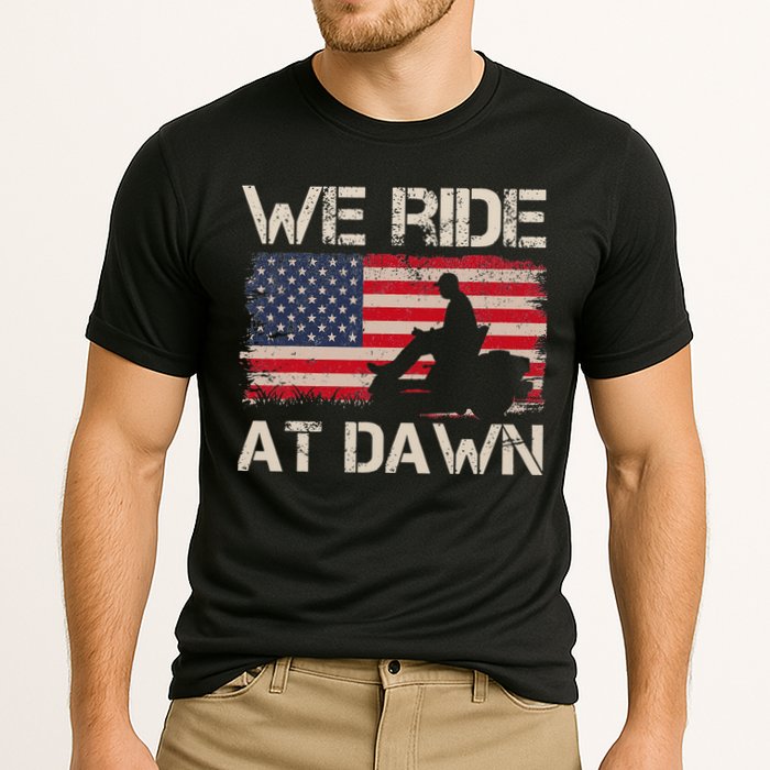 Father's Day We Ride At Dawn Lawnmower USA Flag Mowing Cooling Performance Crew T-Shirt