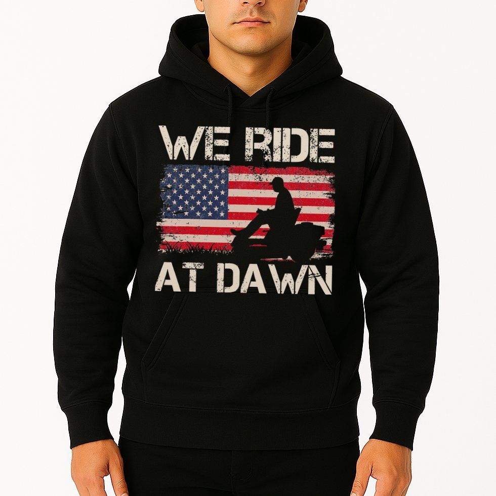 Father's Day We Ride At Dawn Lawnmower USA Flag Mowing Hoodie