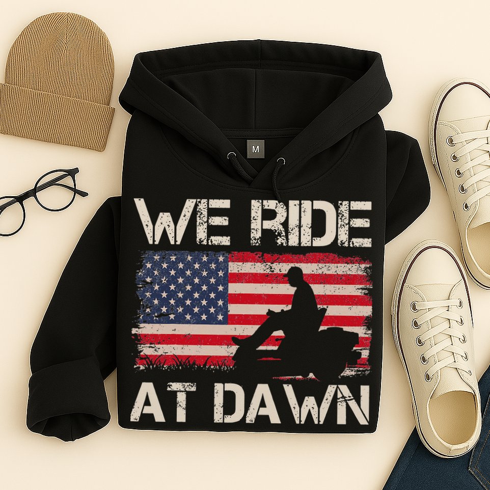 Father's Day We Ride At Dawn Lawnmower USA Flag Mowing Hoodie