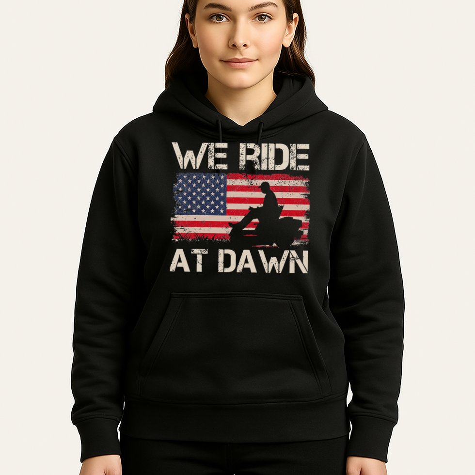 Father's Day We Ride At Dawn Lawnmower USA Flag Mowing Hoodie