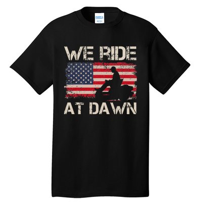 Father's Day We Ride At Dawn Lawnmower USA Flag Mowing Tall T-Shirt