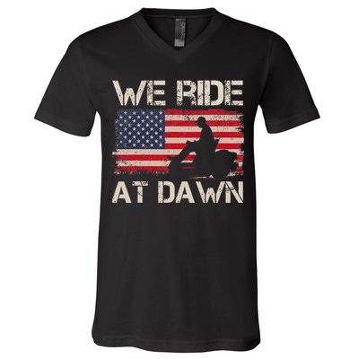 Father's Day We Ride At Dawn Lawnmower USA Flag Mowing V-Neck T-Shirt