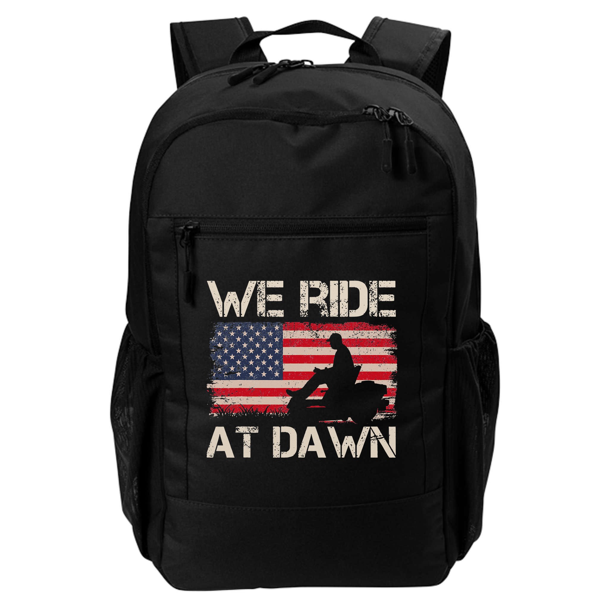 Father's Day We Ride At Dawn Lawnmower USA Flag Mowing Backpack