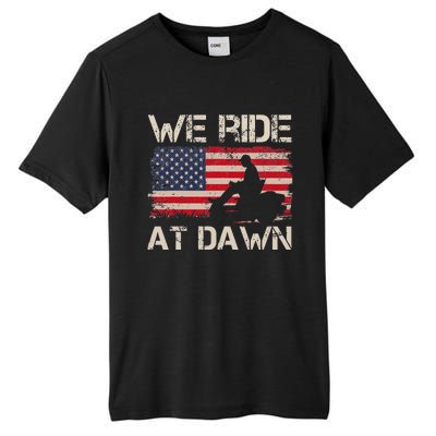 Father's Day We Ride At Dawn Lawnmower USA Flag Mowing Tall Fusion ChromaSoft Performance T-Shirt