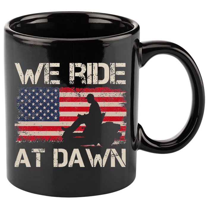 Father's Day We Ride At Dawn Lawnmower USA Flag Mowing 11oz C Handle Ceramic Mug