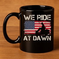 Father's Day We Ride At Dawn Lawnmower USA Flag Mowing 11oz C Handle Ceramic Mug