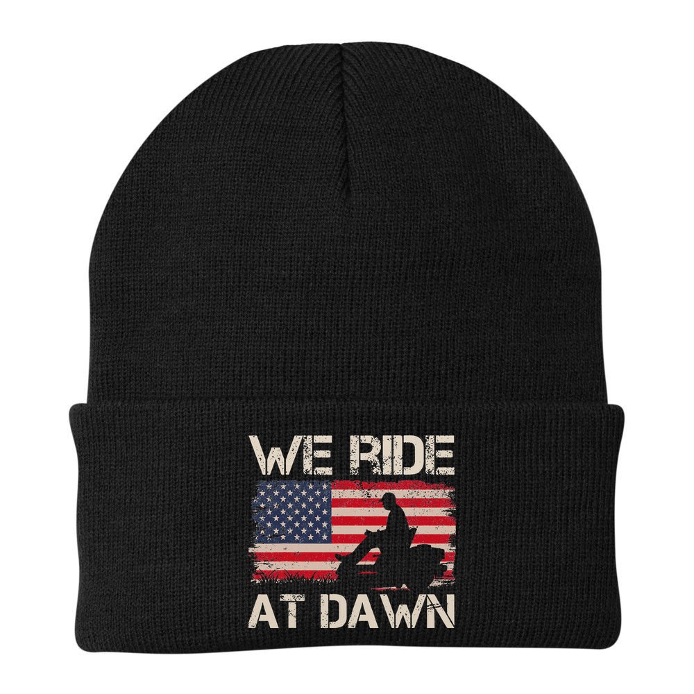 Father's Day We Ride At Dawn Lawnmower USA Flag Mowing Beanie