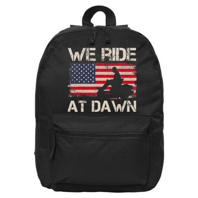 Father's Day We Ride At Dawn Lawnmower USA Flag Mowing 16 in Basic Backpack