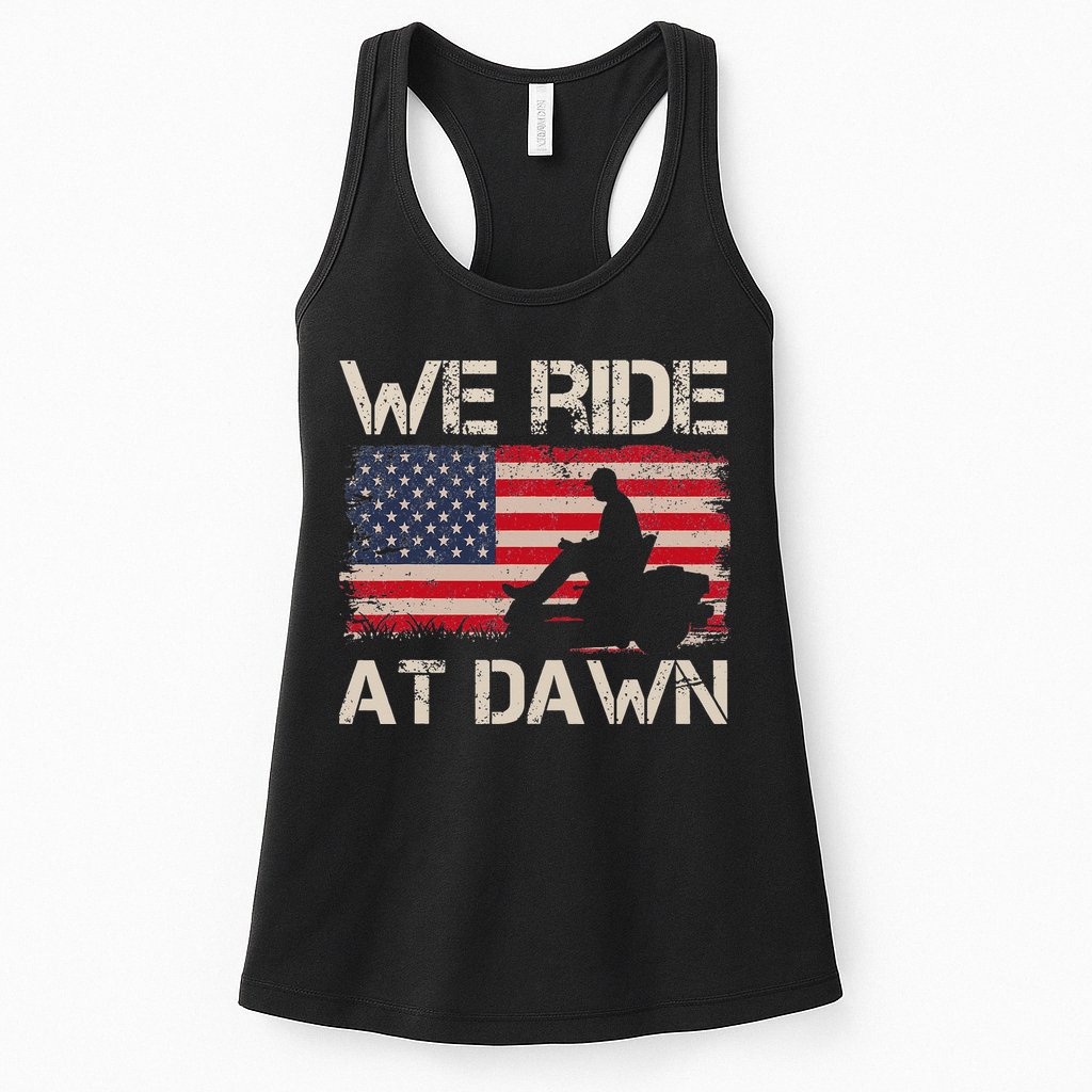 Father's Day We Ride At Dawn Lawnmower USA Flag Mowing Womens Tank Top