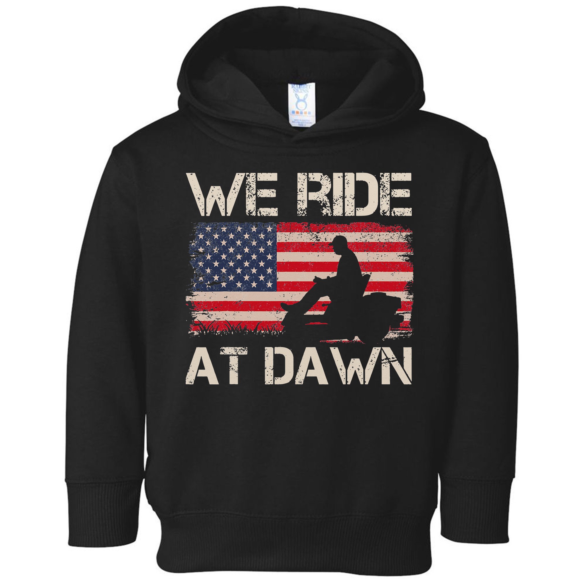 Father's Day We Ride At Dawn Lawnmower USA Flag Mowing Toddler Hoodie