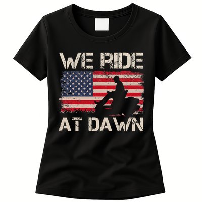 Father's Day We Ride At Dawn Lawnmower USA Flag Mowing Womens T-Shirt