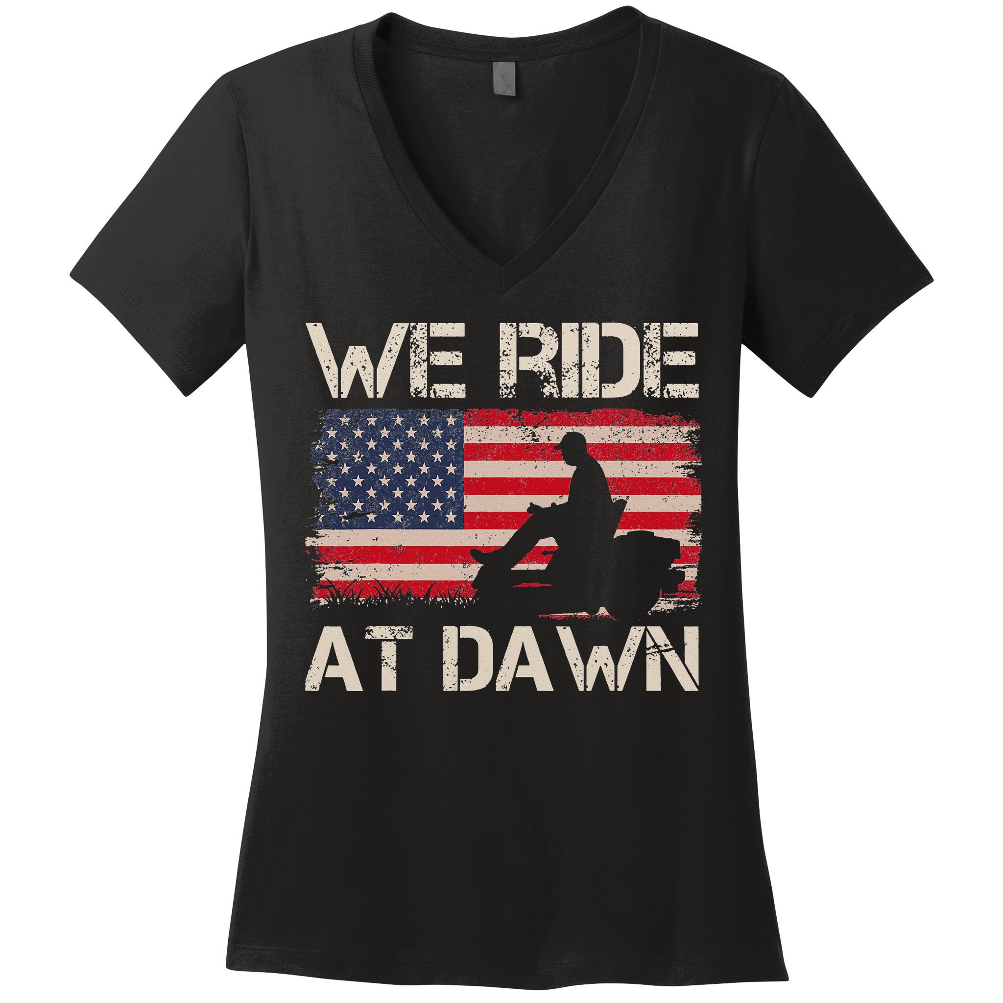 Father's Day We Ride At Dawn Lawnmower USA Flag Mowing Women's V-Neck T-Shirt