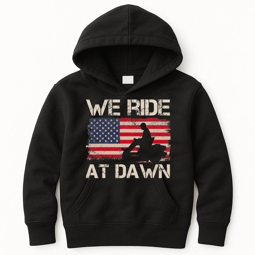 Father's Day We Ride At Dawn Lawnmower USA Flag Mowing Kids Hoodie