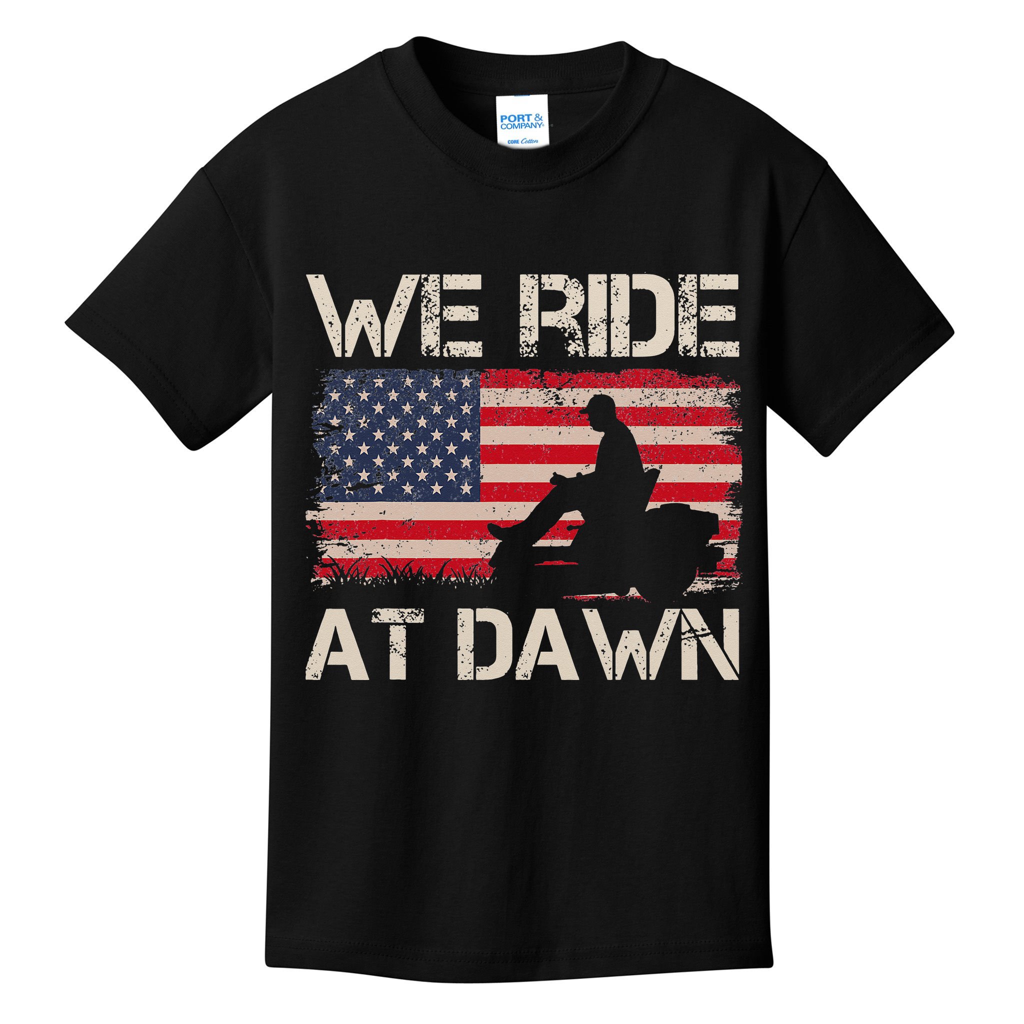Father's Day We Ride At Dawn Lawnmower USA Flag Mowing Kids T-Shirt