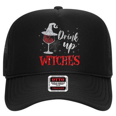 Funny Drinking Wine Halloween Glass Of Wine Drink Up Witches Gift High Crown Mesh Back Trucker Hat