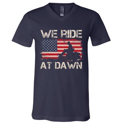 Fathers Day We Ride At Dawn Lawnmower USA Flag Mowing V-Neck T-Shirt