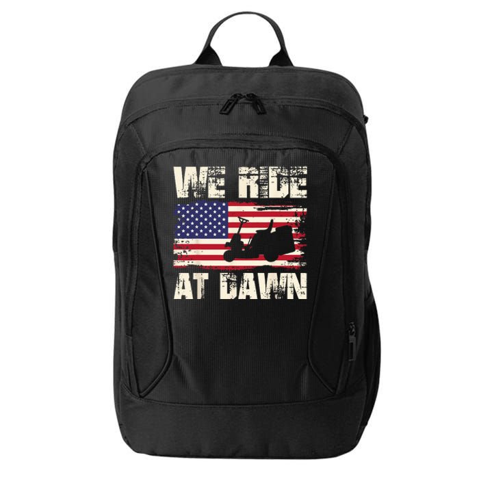 Father's Day We Ride At Dawn Lawnmower USA Flag Mowing City Backpack