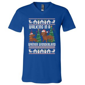 Funny Dachshund Walking In A Wiener Wonderland Family Pets Great Gift V-Neck T-Shirt