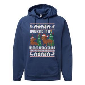 Funny Dachshund Walking In A Wiener Wonderland Family Pets Great Gift Performance Fleece Hoodie