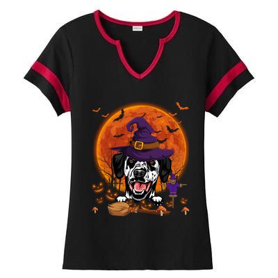 Funny Dalmatian With Halloween Pumpkin Scary Costume Gift Ladies Halftime Notch Neck Tee