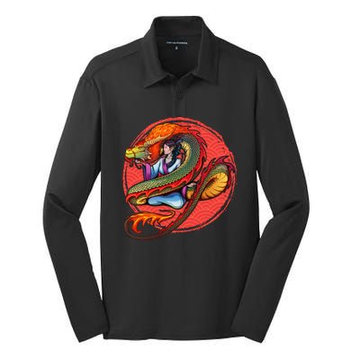 Fire Dragon Warrior Woman Silk Touch Performance Long Sleeve Polo