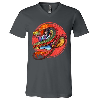 Fire Dragon Warrior Woman V-Neck T-Shirt