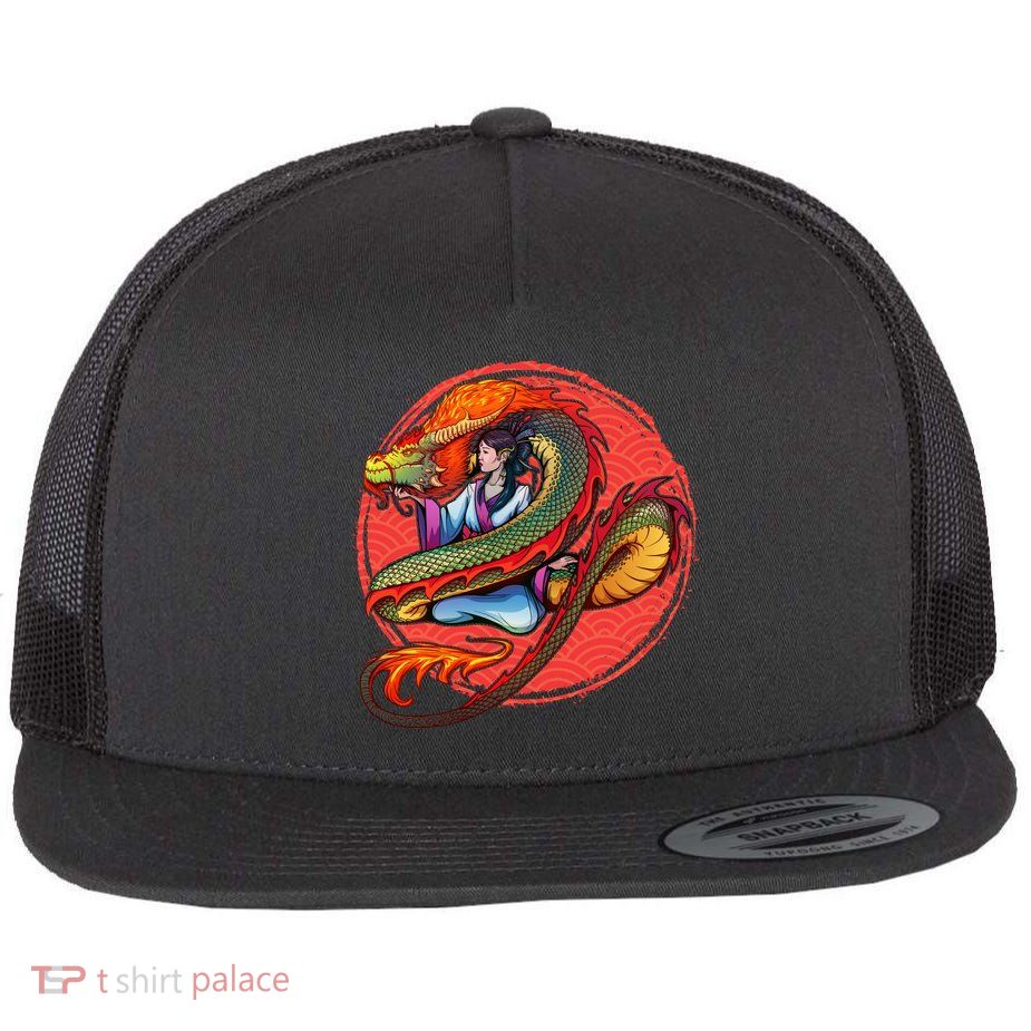 Fire Dragon Warrior Woman Flat Bill Trucker Hat
