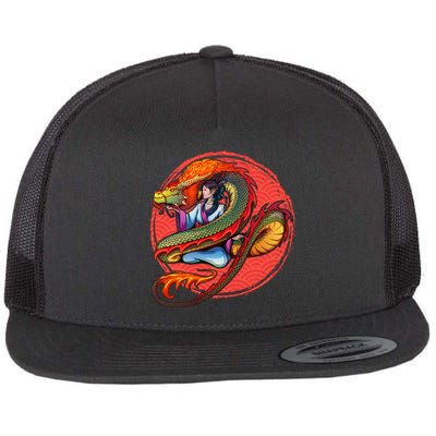 Fire Dragon Warrior Woman Flat Bill Trucker Hat