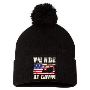 Father's Day We Ride At Dawn Lawnmower USA Flag Mowing Pom Pom 12in Knit Beanie