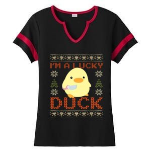 Funny Duck With Knife Meme IM A Lucky Duck Ugly Christmas Gift Ladies Halftime Notch Neck Tee