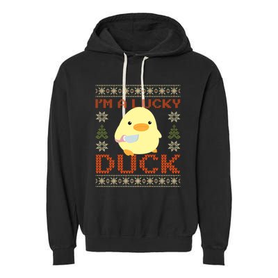 Funny Duck With Knife Meme IM A Lucky Duck Ugly Christmas Gift Garment-Dyed Fleece Hoodie