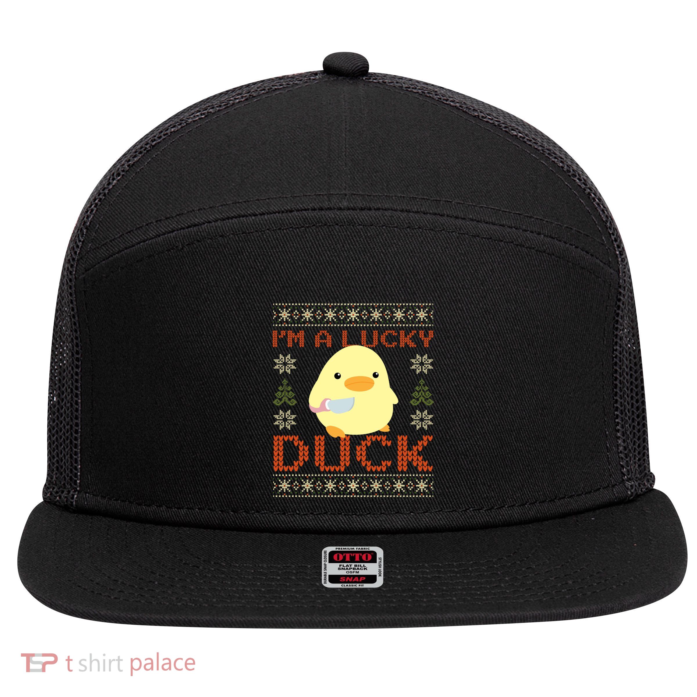 Funny Duck With Knife Meme IM A Lucky Duck Ugly Christmas Gift 7 Panel Mesh Trucker Snapback Hat